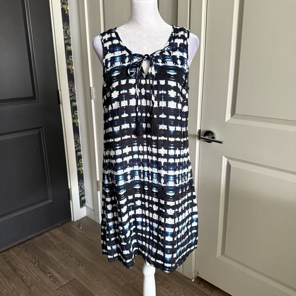 Cynthia Rowley 100% Linen Resortwear Navy and White Tie-Dye Shift Dress Size 6 - Picture 1 of 7